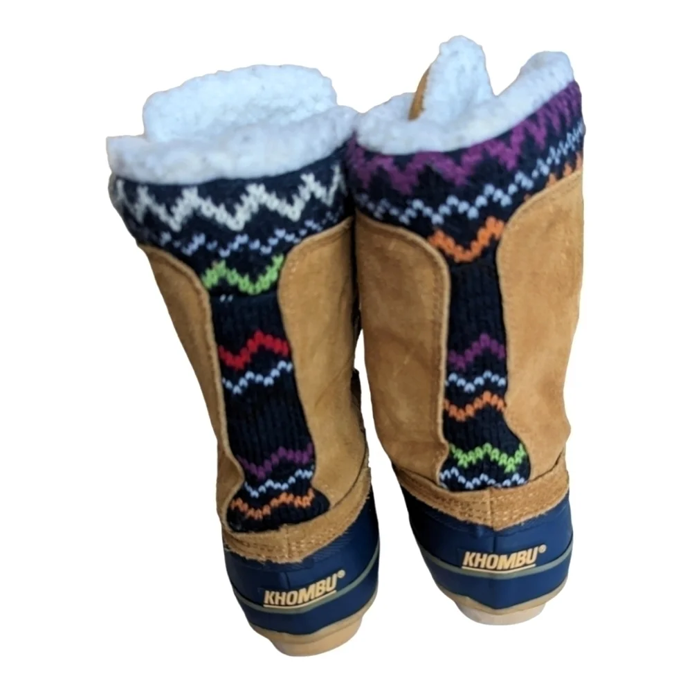 Khombu Vail Women's Blue Rubber Tan Suede Snow Duck Boots Colorful Knit Accent 6